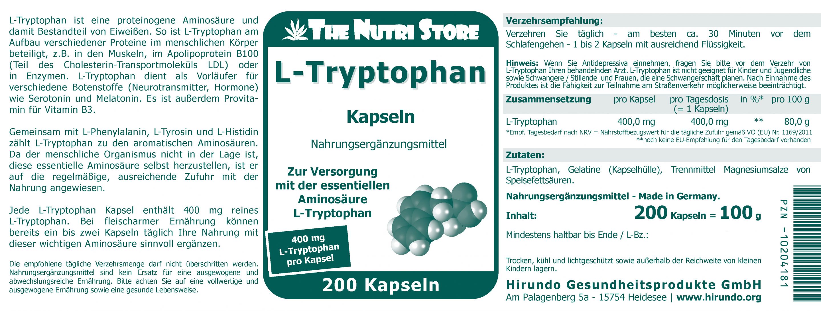 L-Tryptophan 400 mg Kapseln 200 Stk – Bild 4