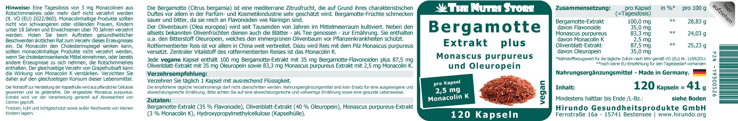 Bergamotte Extrakt plus Monascus Oleuropein vegane Kapseln 120 Stk. – Bild 4